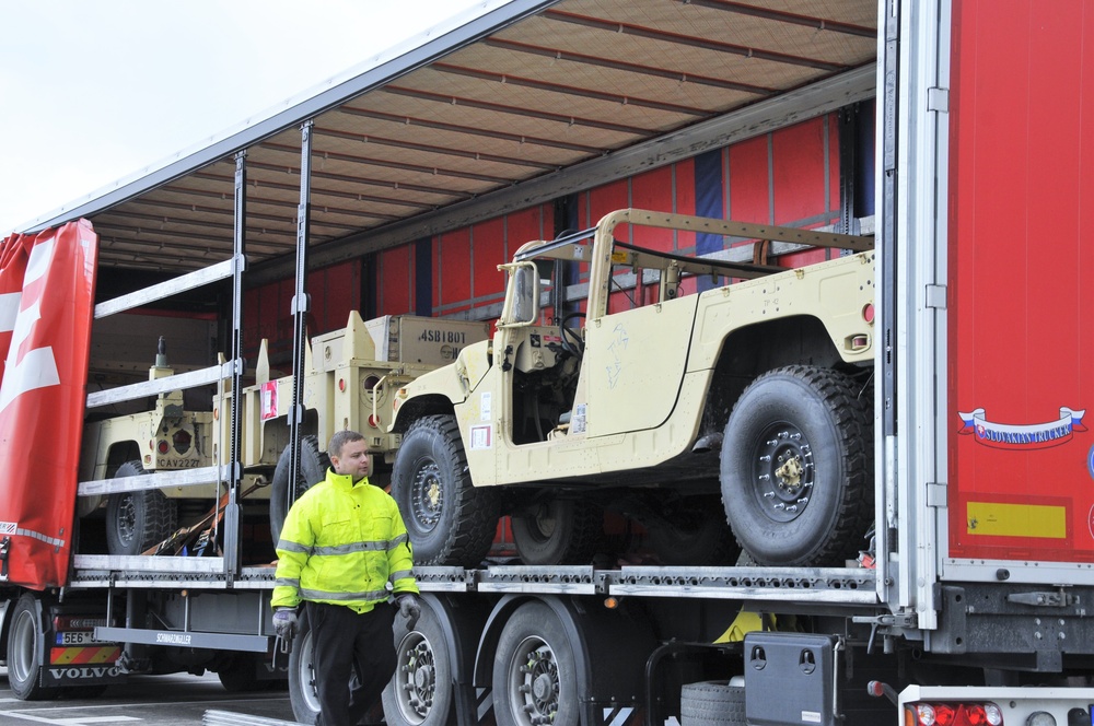 2-227th Aviation Regiment, 1st Air Cavalry Brigade wheel vehicles arrive at Katterbach Army Airfield in Ansbach, Bavaria, Germany