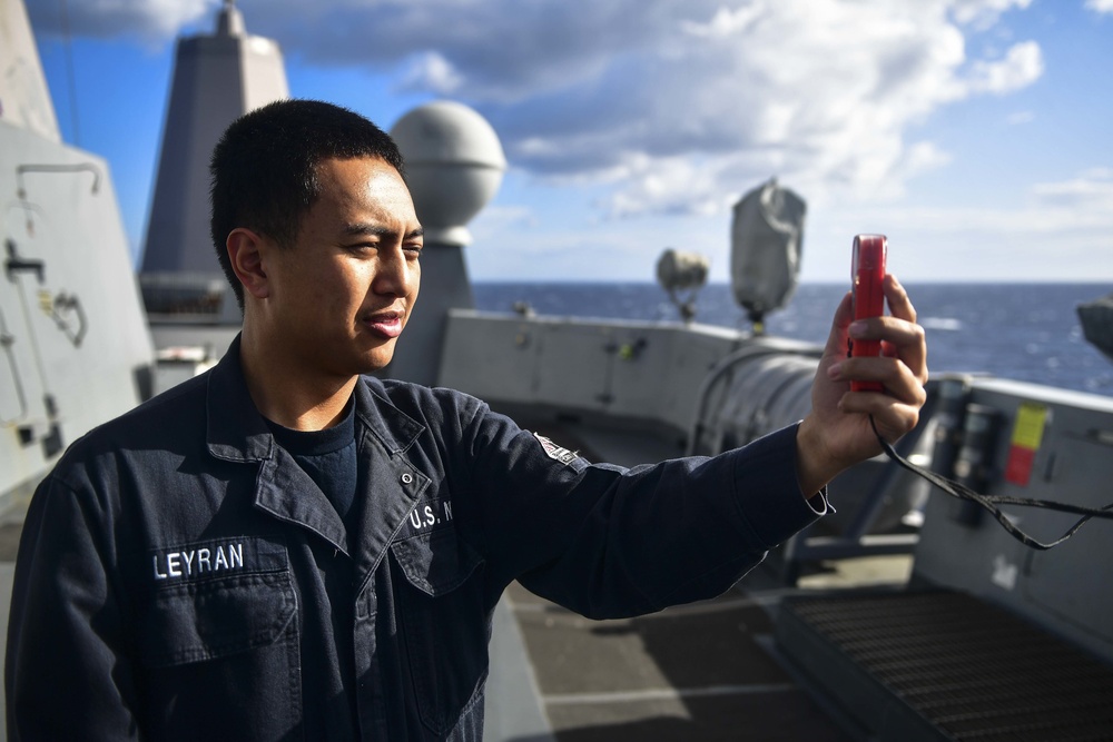 USS San Diego (LPD 22) Quartermaster Takes Wind Reading