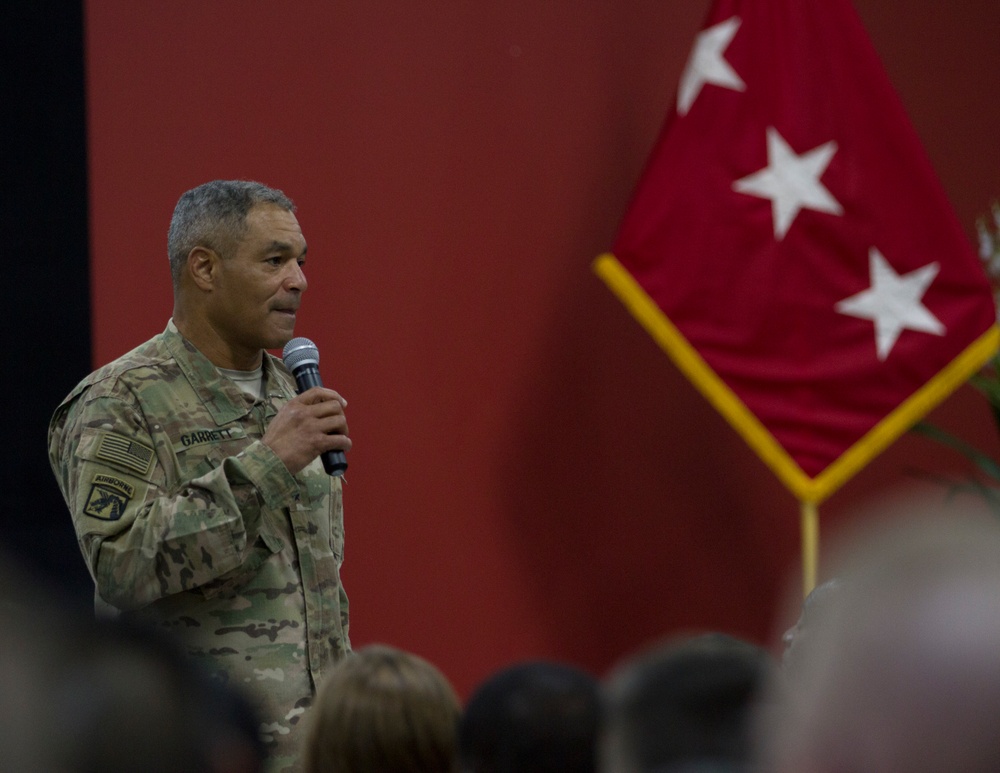 Lt. Gen. Michael Garrett speaks with Soldiers at town hall meeting