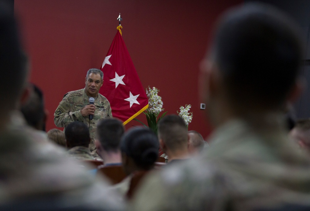 Lt. Gen. Michael Garrett speaks with Soldiers at town hall meeting