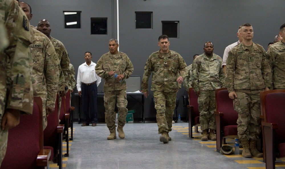 Lt. Gen. Michael Garrett speaks with Soldiers at town hall meeting