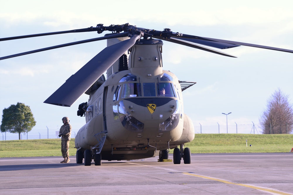 2-227th Aviation Regiment, 1st Air Cavalry Brigade helicopters arrive at Katterbach Army Airfield in Ansbach, Bavaria, Germany