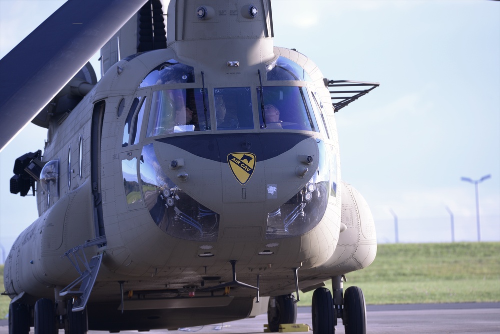 2-227th Aviation Regiment, 1st Air Cavalry Brigade helicopters arrive at Katterbach Army Airfield in Ansbach, Bavaria, Germany