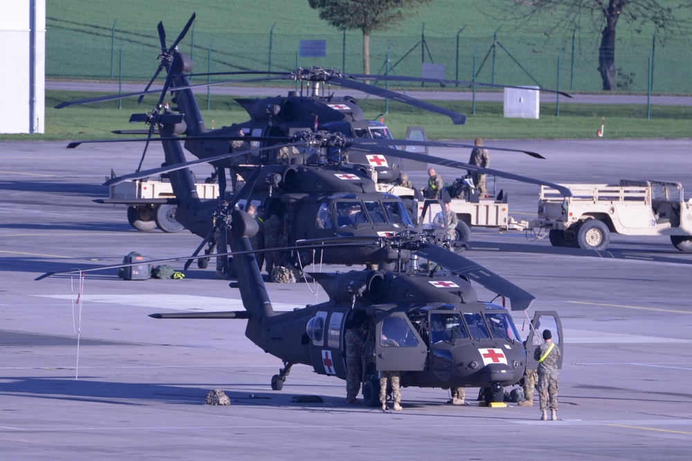 2-227th Aviation Regiment, 1st Air Cavalry Brigade helicopters arrive at Katterbach Army Airfield in Ansbach, Bavaria, Germany