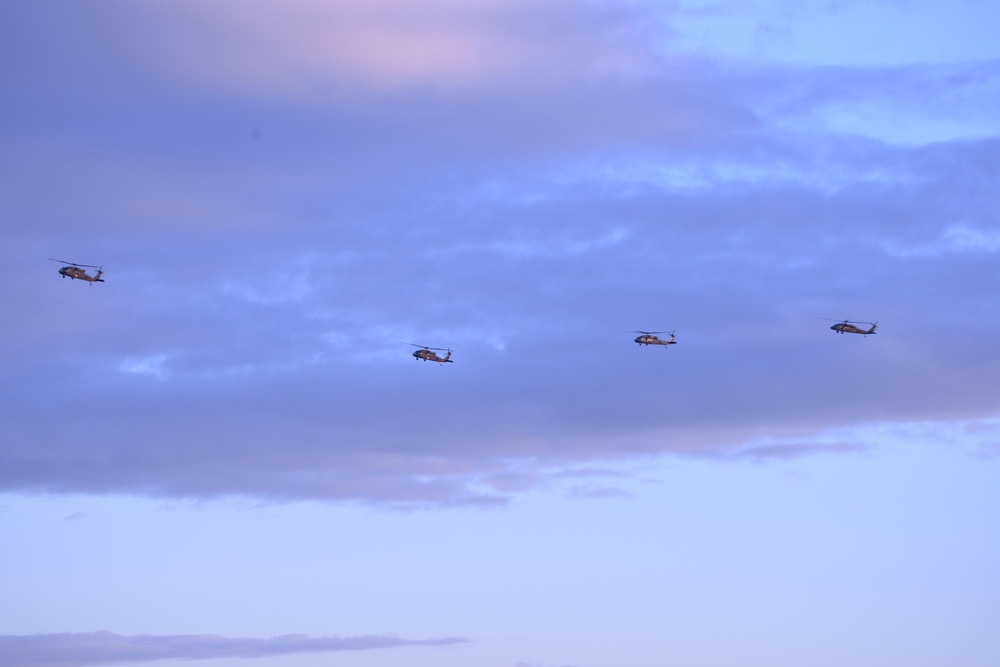 2-227th Aviation Regiment, 1st Air Cavalry Brigade helicopters arrive at Katterbach Army Airfield in Ansbach, Bavaria, Germany