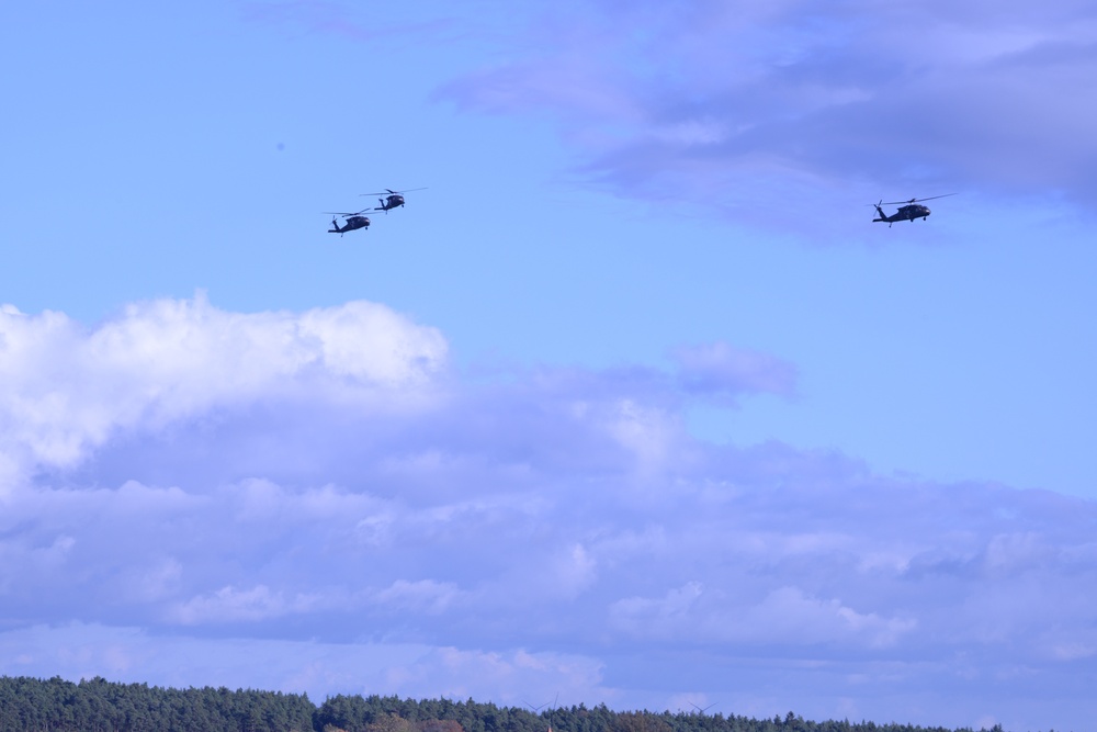 2-227th Aviation Regiment, 1st Air Cavalry Brigade helicopters arrive at Katterbach Army Airfield in Ansbach, Bavaria, Germany