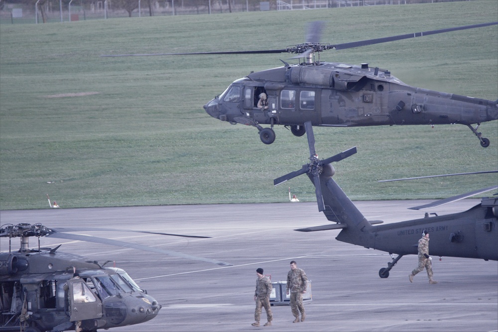 2-227th Aviation Regiment, 1st Air Cavalry Brigade helicopters arrive at Katterbach Army Airfield in Ansbach, Bavaria, Germany