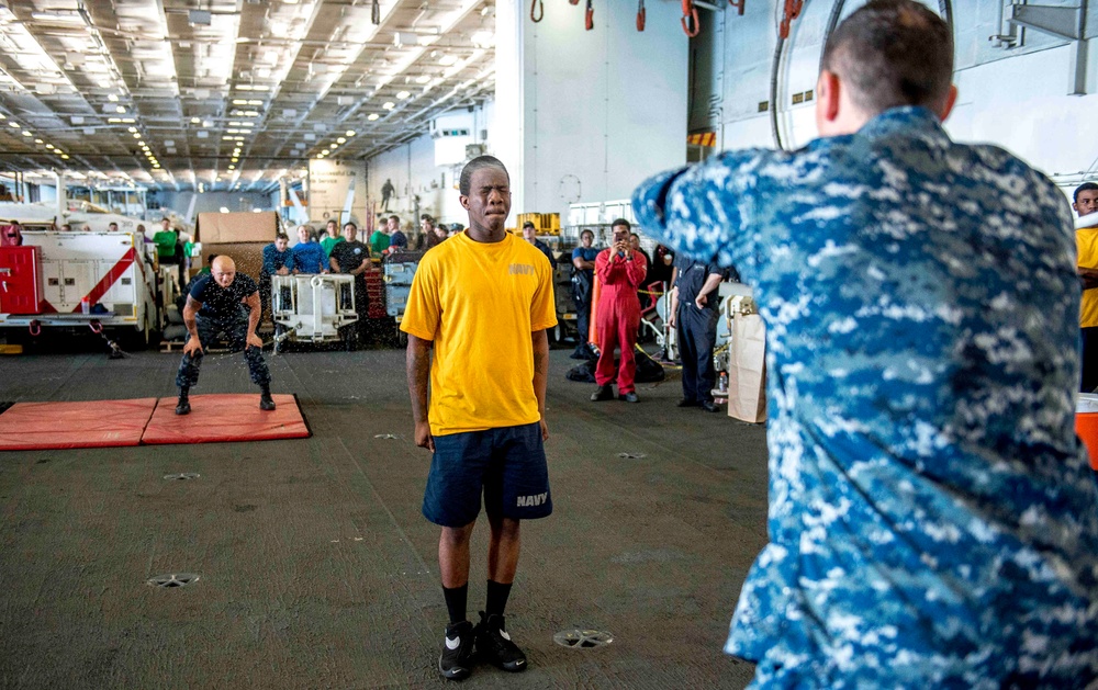 GHWB is the flagship of Carrier Strike Group (CSG) 2, which is comprised of the staff of CSG-2; GHWB; the nine squadrons and staff of Carrier Air Wing (CVW) 8; Destroyer Squadron (DESRON) 22 staff and guided-missile destroyers USS Laboon (DDG 58) and USS