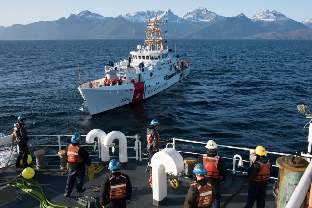 Coast Guard Cutter SPAR and Cutter Bailey Barco crews conduct tow exercise