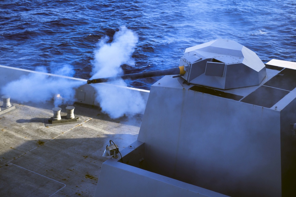 USS San Diego (LPD 22) Fires the Forward MK-46 30MM Gun