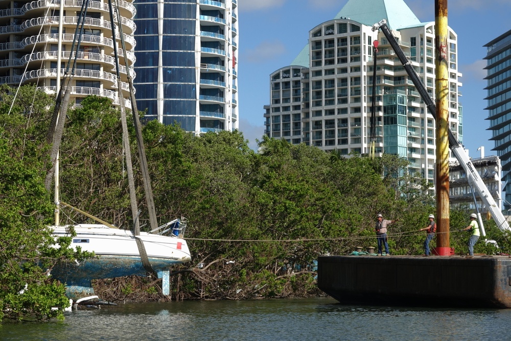 Crews lift a sailing vessel out of red mangroves at Peacock Park