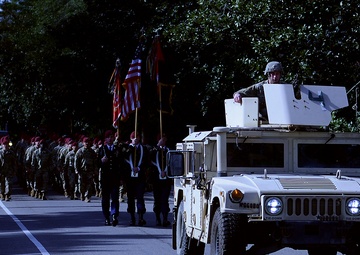 Paratroopers assigned to 3rd Brigade Combat Team march in Veterans Day parade, Southern Pines, N.C., Nov. 11, 2017