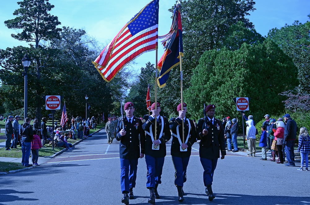 Paratroopers assigned to 3rd Brigade Combat Team march in Veterans Day parade, Southern Pines, N.C., Nov. 11, 2017