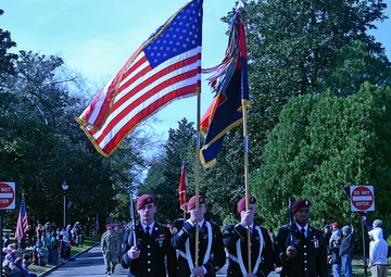 Paratroopers assigned to 3rd Brigade Combat Team march in Veterans Day parade, Southern Pines, N.C., Nov. 11, 2017