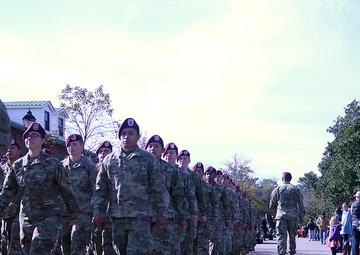 Paratroopers assigned to 3rd Brigade Combat Team march in Veterans Day parade, Southern Pines, N.C., Nov. 11, 2017