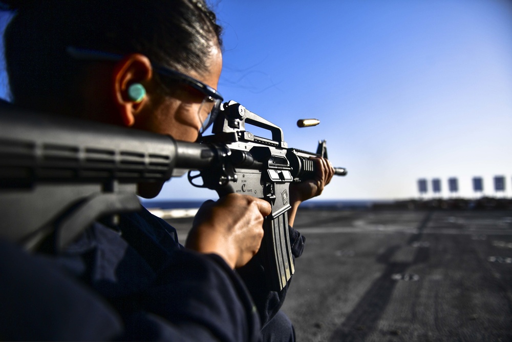 USS San Diego (LPD 22) Sailor Fires M4A1 Carbine