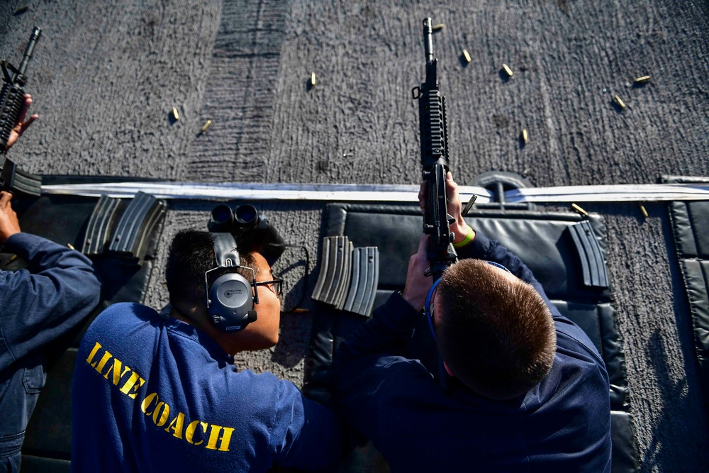 USS San Diego (LPD 22) Sailor Fires M4A1 Carbine