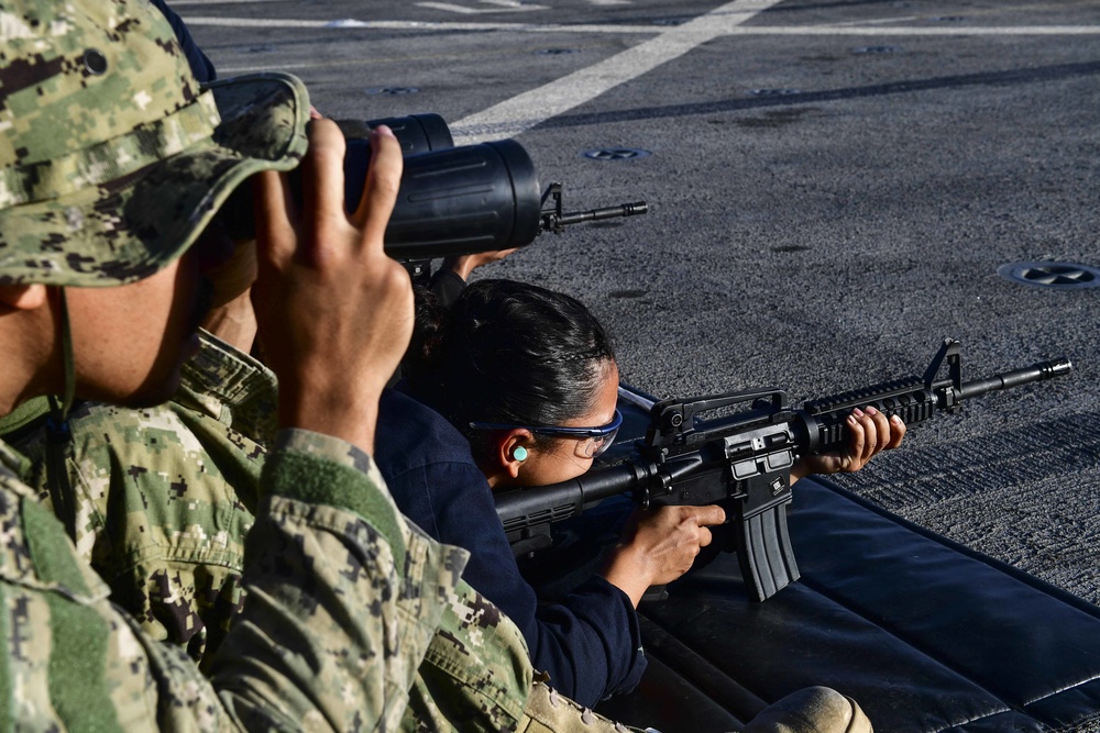 USS San Diego (LPD 22) Sailor Fires M4A1 Carbine