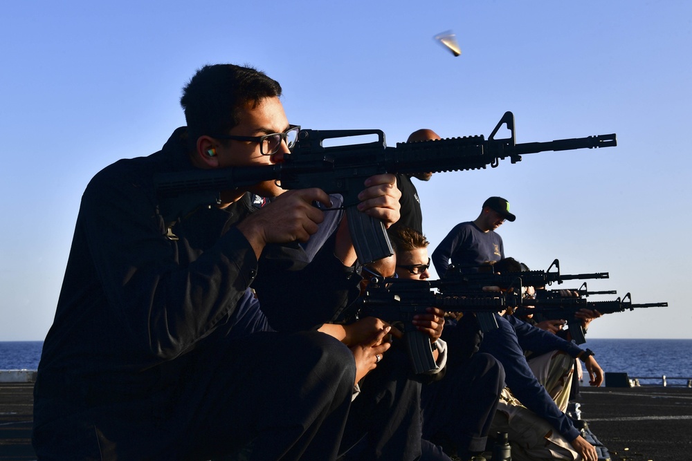 USS San Diego (LPD 22) Sailor Fires M4A1 Carbine