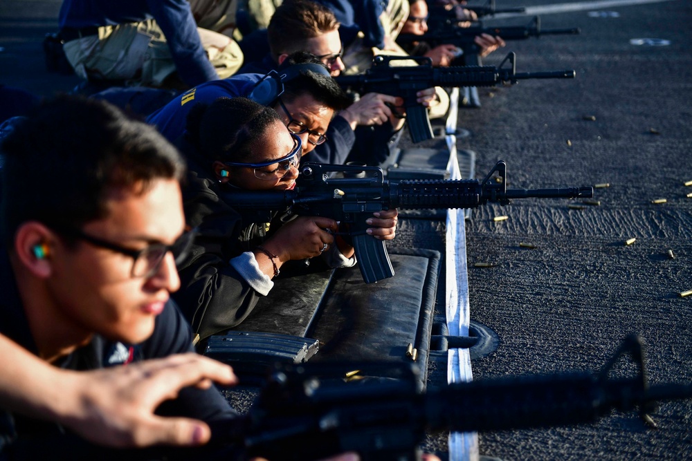 USS San Diego (LPD 22) Sailor Fires M4A1 Carbine