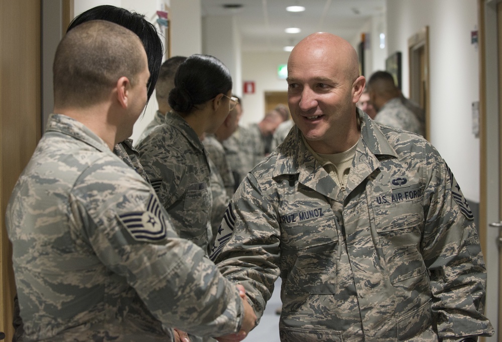 3rd Air Force Command CMSgt Anthony Cruz visits with 501st Combat Support Wing