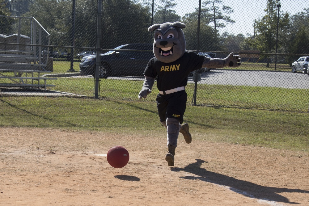 Rocky plays kickball