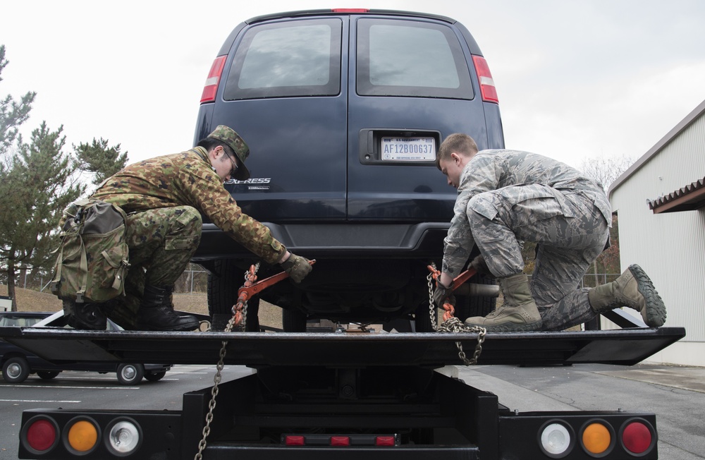 Tightening the tow chains