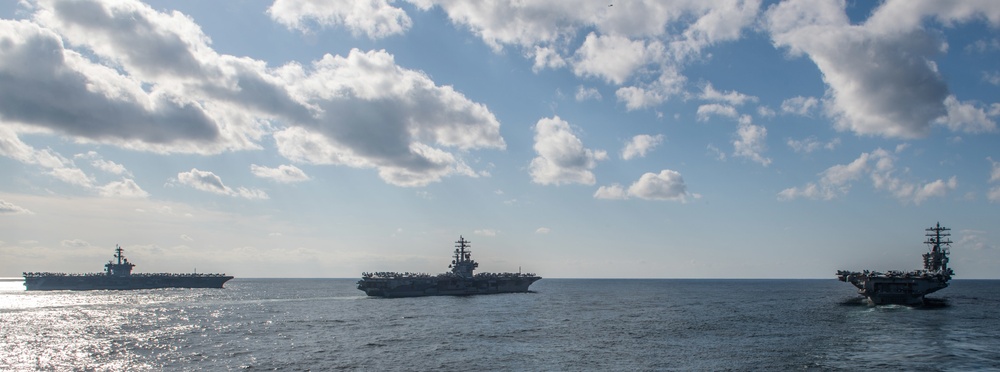 U.S. Navy Three-Carrier Strike Force Conducts Photo Exercise