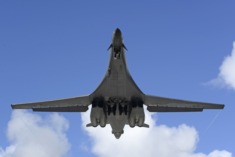 Two U.S. Air Force B-1B Lancers take off from Andersen AFB