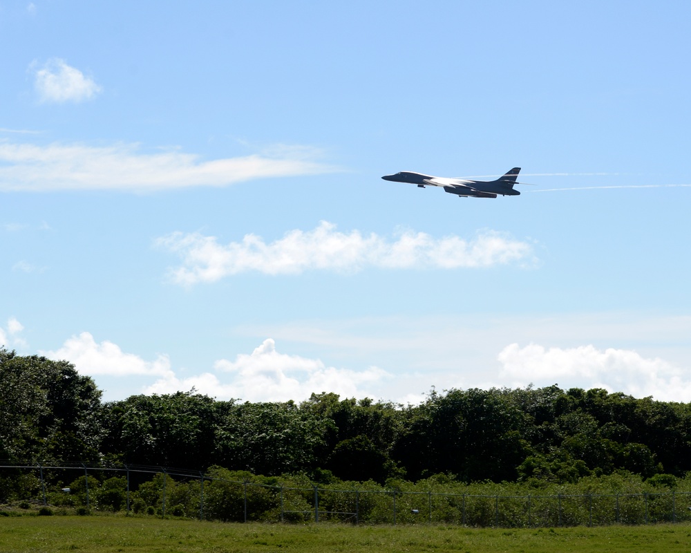 Two U.S. Air Force B-1B Lancers take off from Andersen AFB