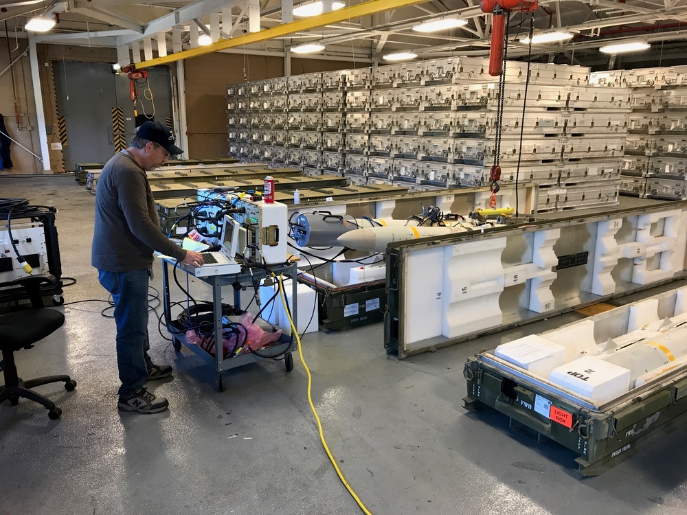 A Letterkenny Munitions Center technician performs testing on an Advanced Anti-Radiation Guided Missile onsite.