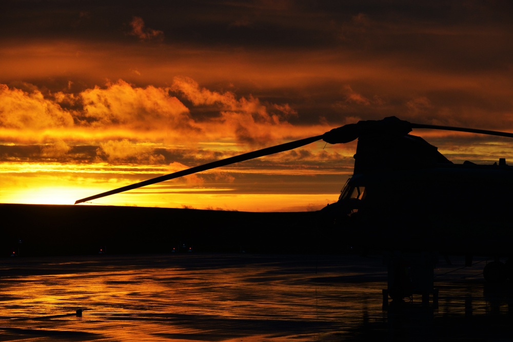 CH-47 Chinook Helicopters During Sunset