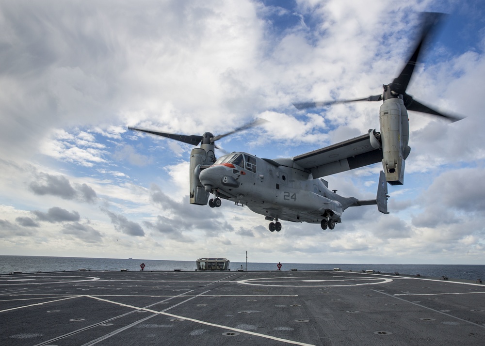 A U.S. Marine Corps MV-22 Osprey Lands On The S.S. Wright