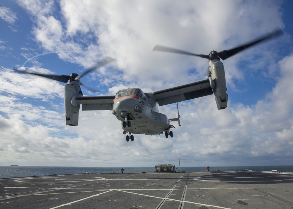 A U.S. Marine Corps MV-22 Osprey Lands On The S.S. Wright