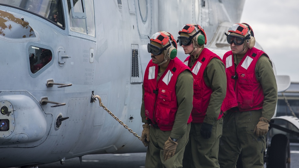 A U.S. Marine Corps MV-22 Osprey Lands On The S.S. Wright