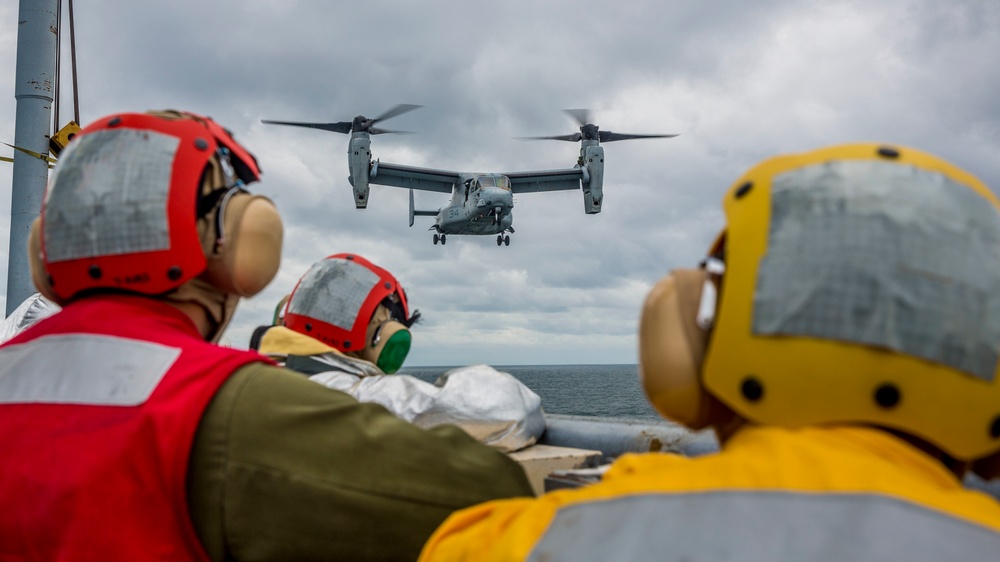 A U.S. Marine Corps MV-22 Osprey Lands On The S.S. Wright
