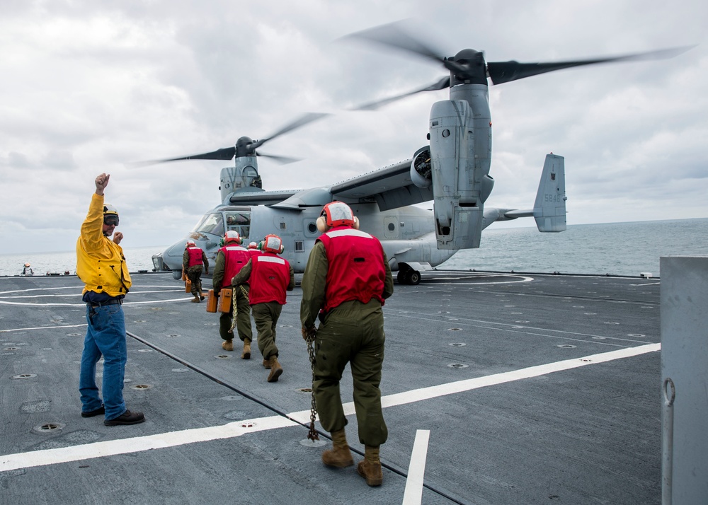 A U.S. Marine Corps MV-22 Osprey Lands On The S.S. Wright