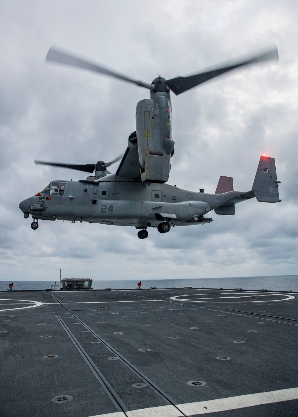 A U.S. Marine Corps MV-22 Osprey Lands On The S.S. Wright