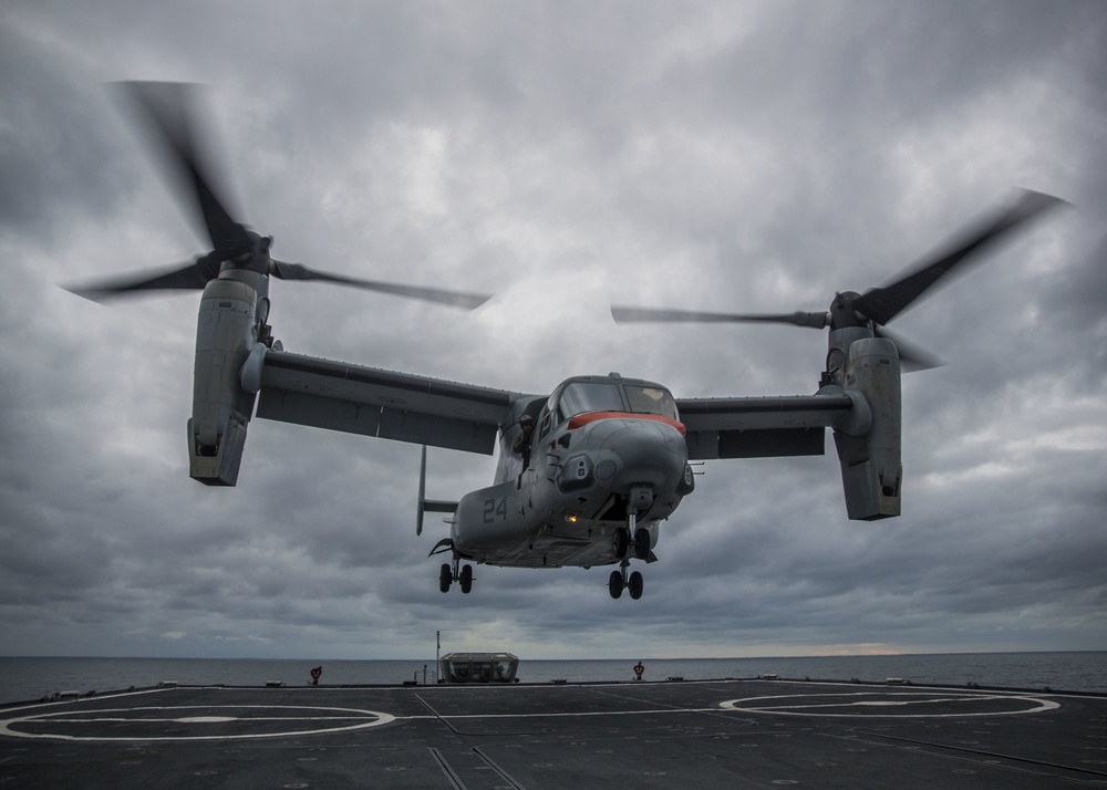 A U.S. Marine Corps MV-22 Osprey Lands On The S.S. Wright