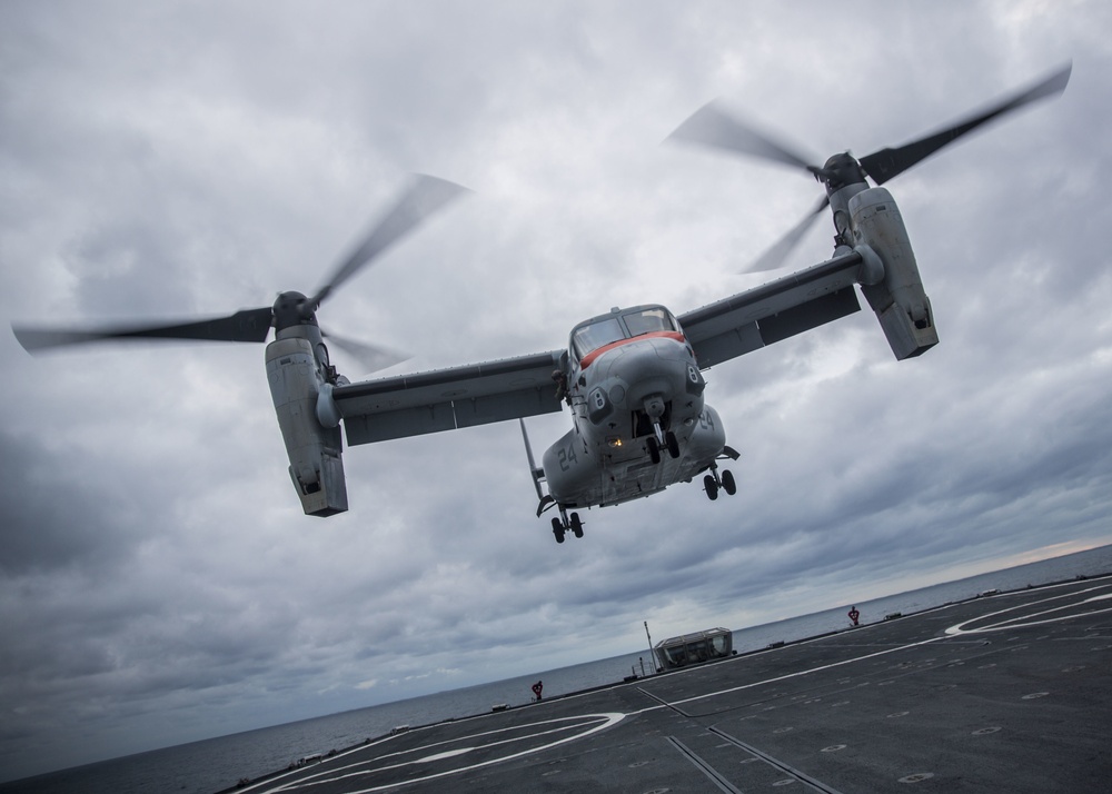 A U.S. Marine Corps MV-22 Osprey Lands On The S.S. Wright