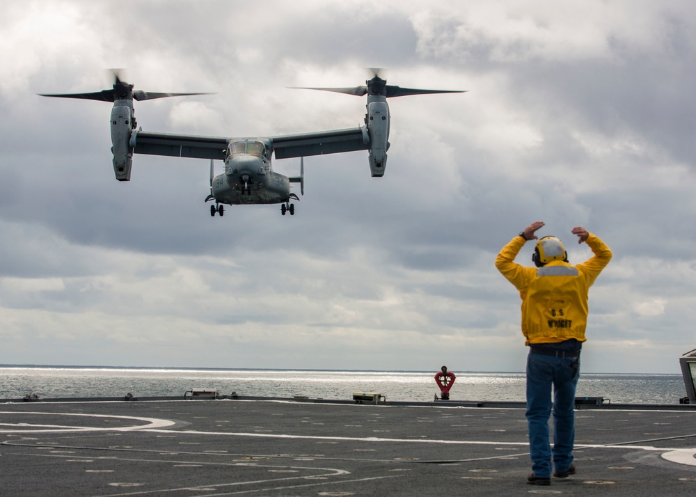 A U.S. Marine Corps MV-22 Osprey Lands On The S.S. Wright