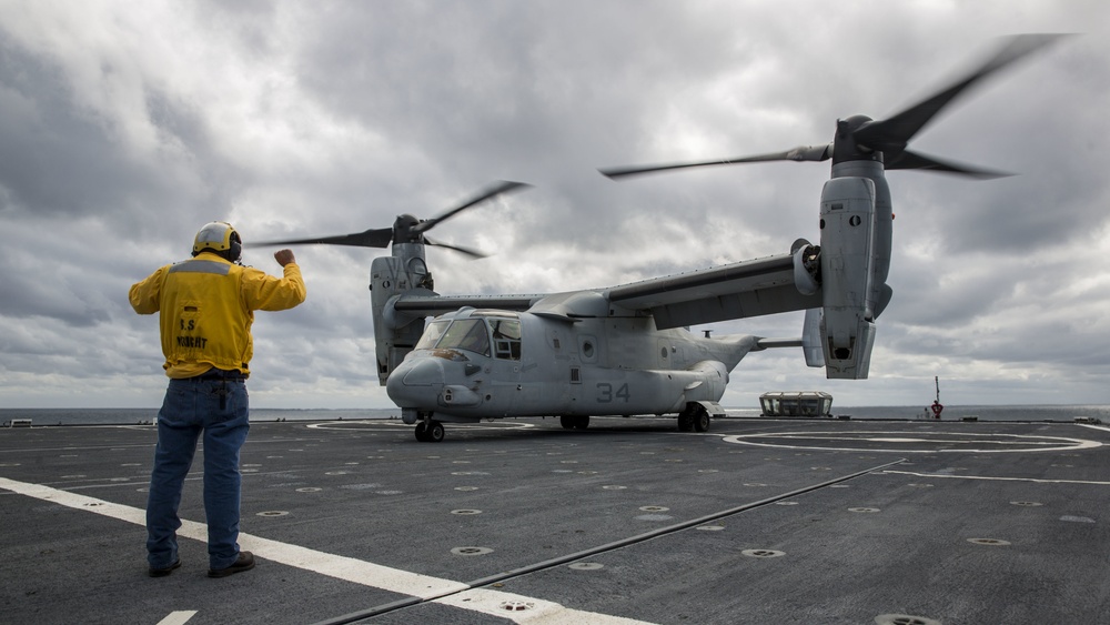 A U.S. Marine Corps MV-22 Osprey Lands On The S.S. Wright