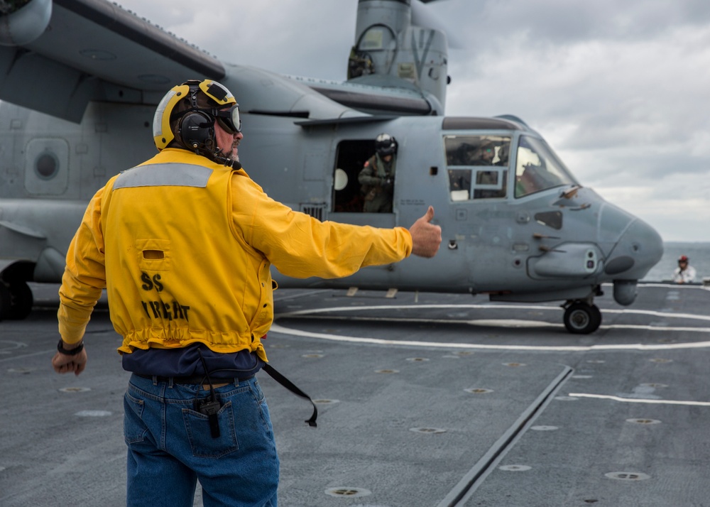 A U.S. Marine Corps MV-22 Osprey Lands On The S.S. Wright