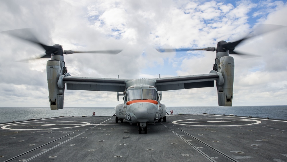A U.S. Marine Corps MV-22 Osprey Lands On The S.S. Wright