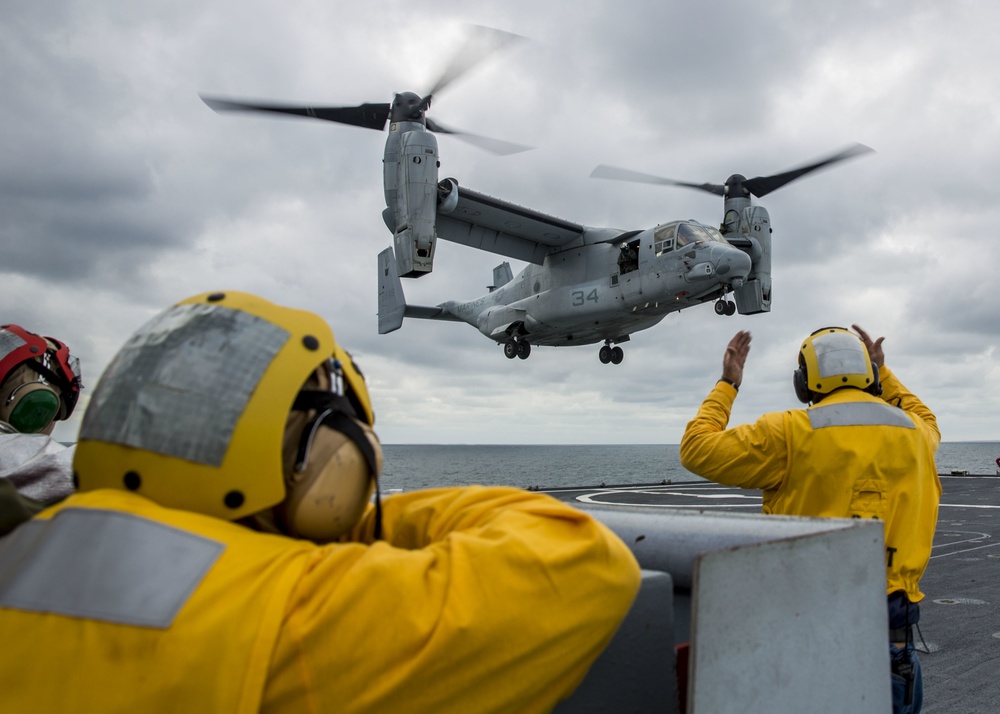 A U.S. Marine Corps MV-22 Osprey Lands On The S.S. Wright