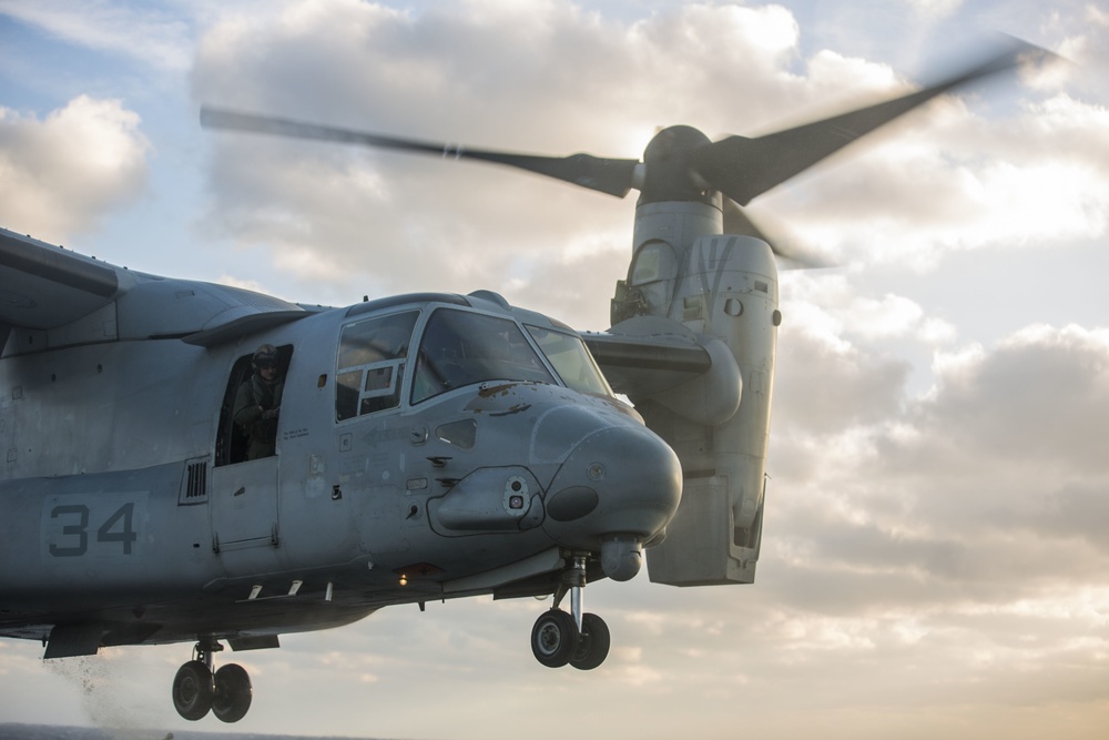 A U.S. Marine Corps MV-22 Osprey Lands On The S.S. Wright