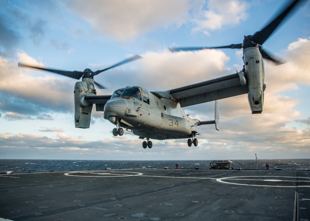 A U.S. Marine Corps MV-22 Osprey Lands On The S.S. Wright
