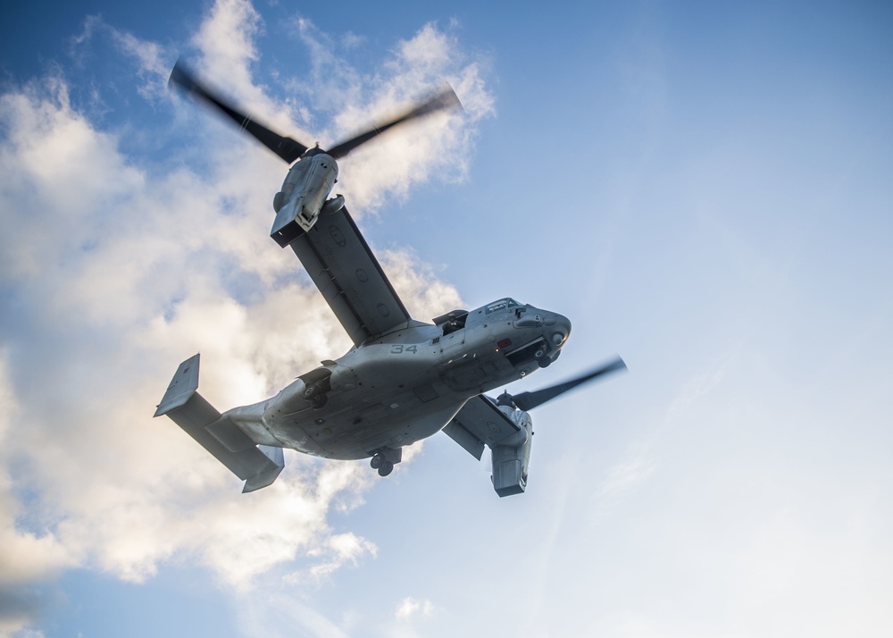 A U.S. Marine Corps MV-22 Osprey Lands On The S.S. Wright