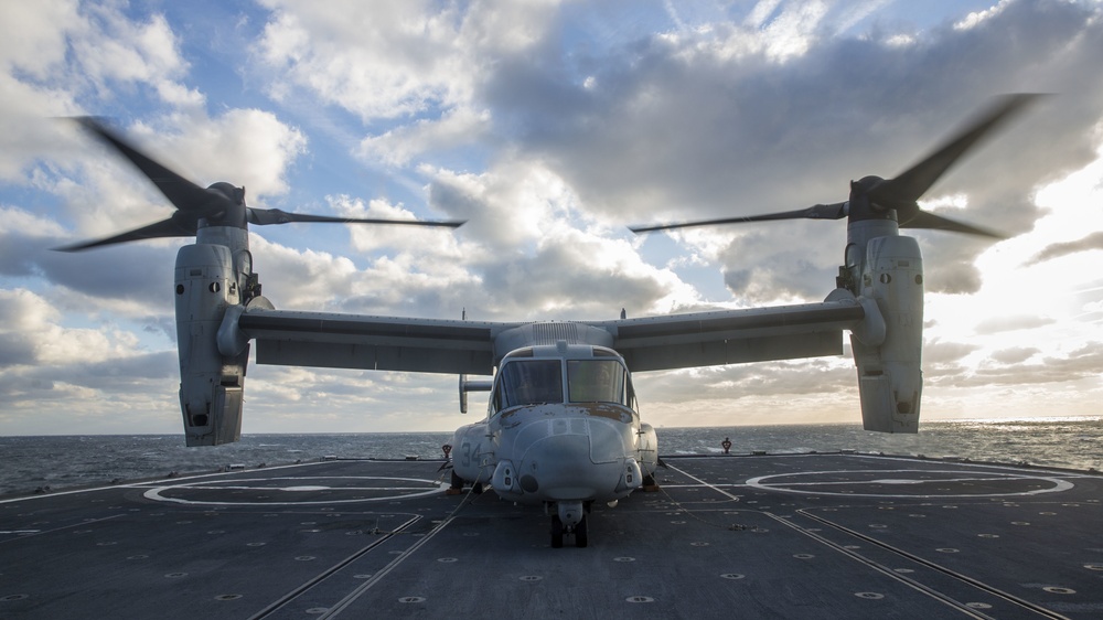 A U.S. Marine Corps MV-22 Osprey Lands On The S.S. Wright