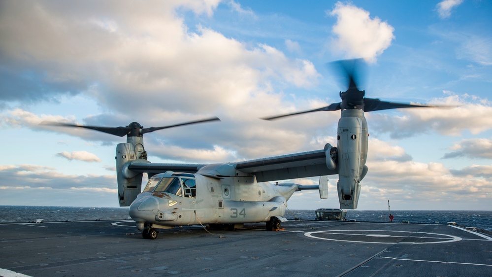 A U.S. Marine Corps MV-22 Osprey Lands On The S.S. Wright